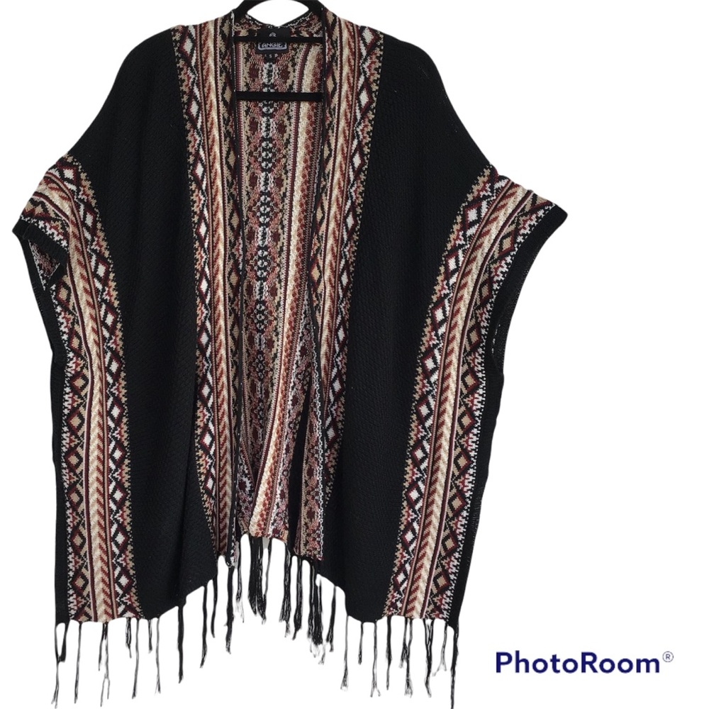 Angie Black Poncho/Shawl with Geometric Patterns